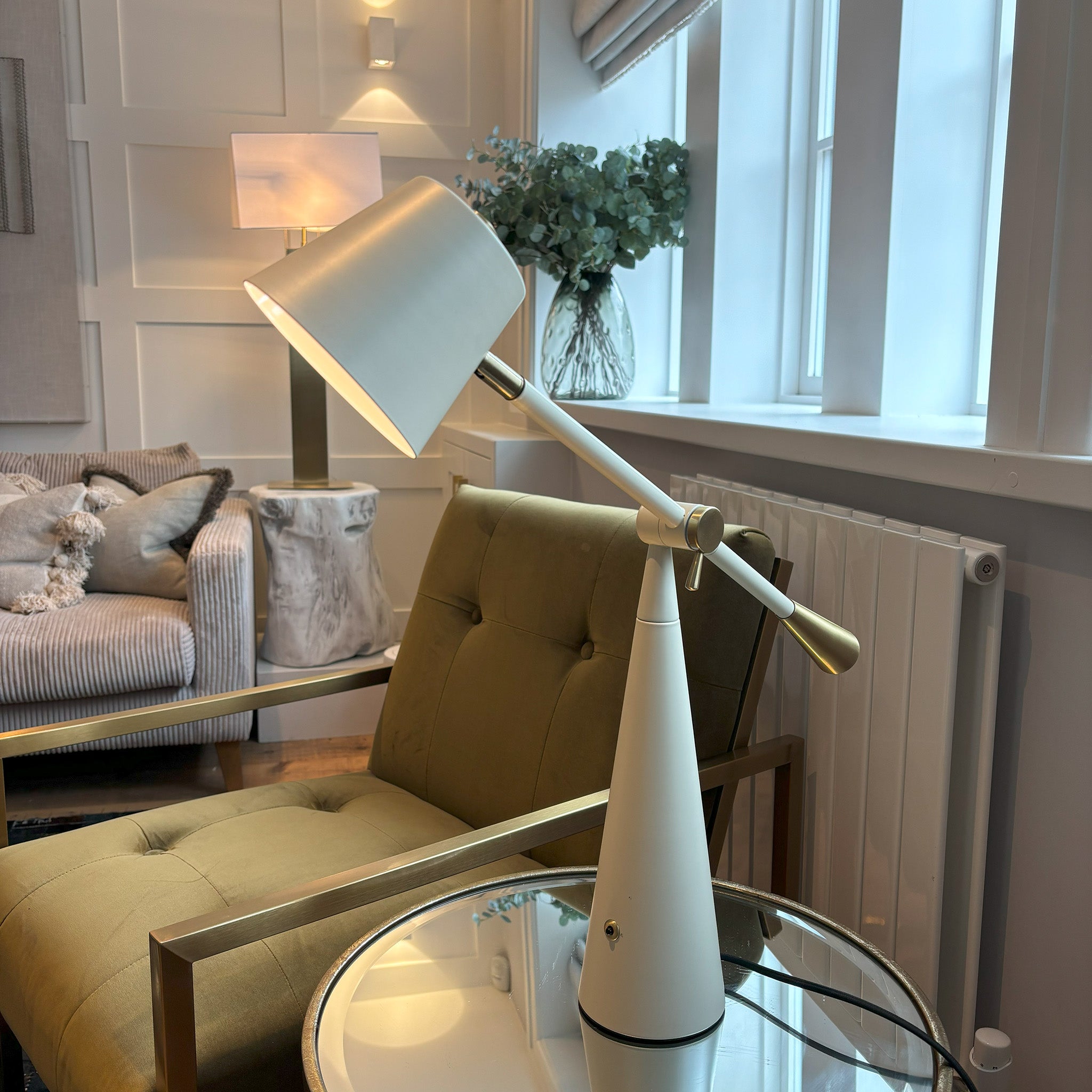 Pivoting Table Lamp in Cream and Antique Brass